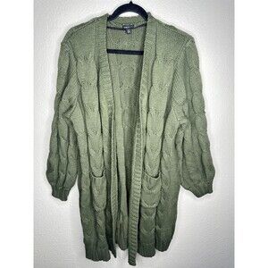 Torrid Sweater Womens Large Green Cable Knit Open Front Cardigan Pockets Chunky